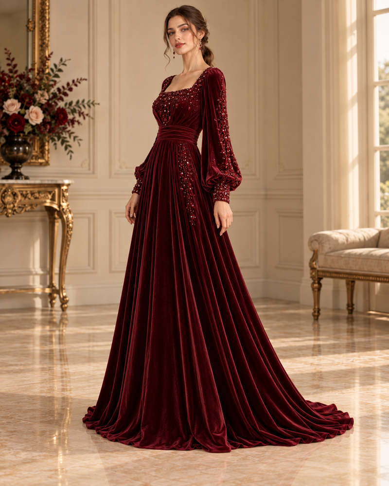 Oxblood Velvet Grace A-Line Evening Gown
