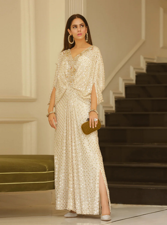 Selin White Sequin Chiffon Embellished Kaftan Dress