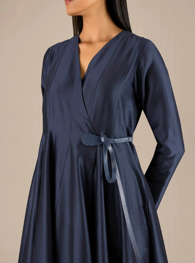 Seraphina Navy Flared Cotton Silk Midi Dress for Women