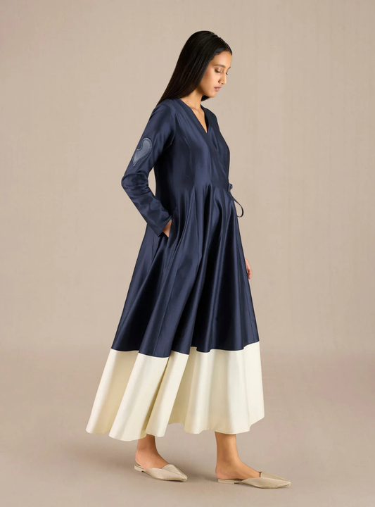 Seraphina Navy Flared Cotton Silk Midi Dress for Women
