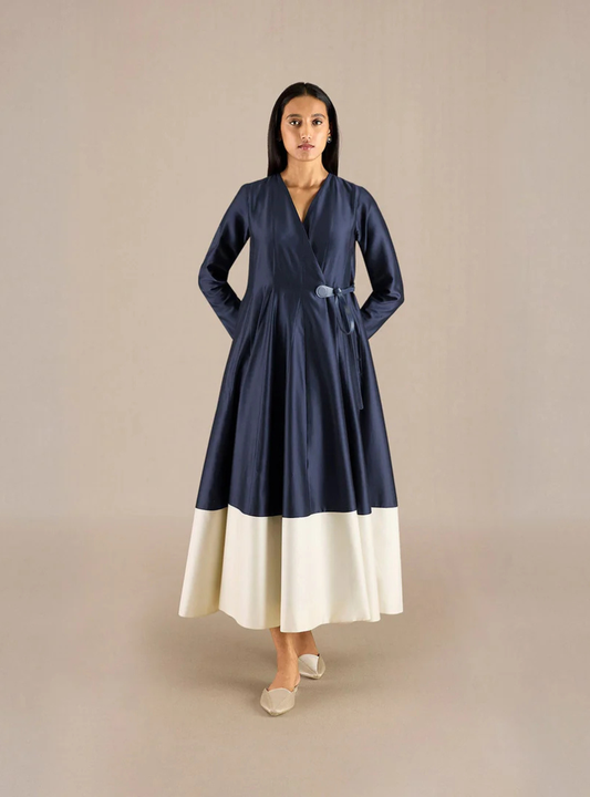 Seraphina Navy Flared Cotton Silk Midi Dress for Women