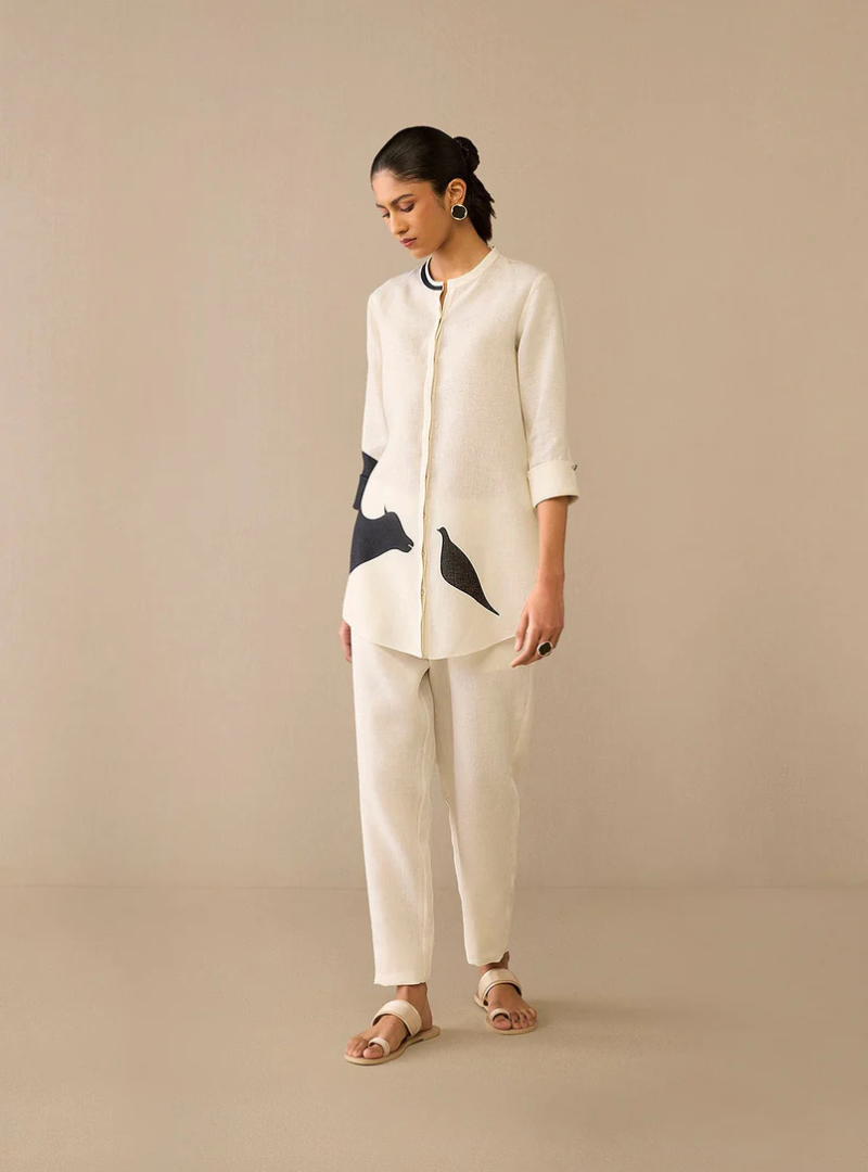 Serin Ivory Linen Shirt Set Dress