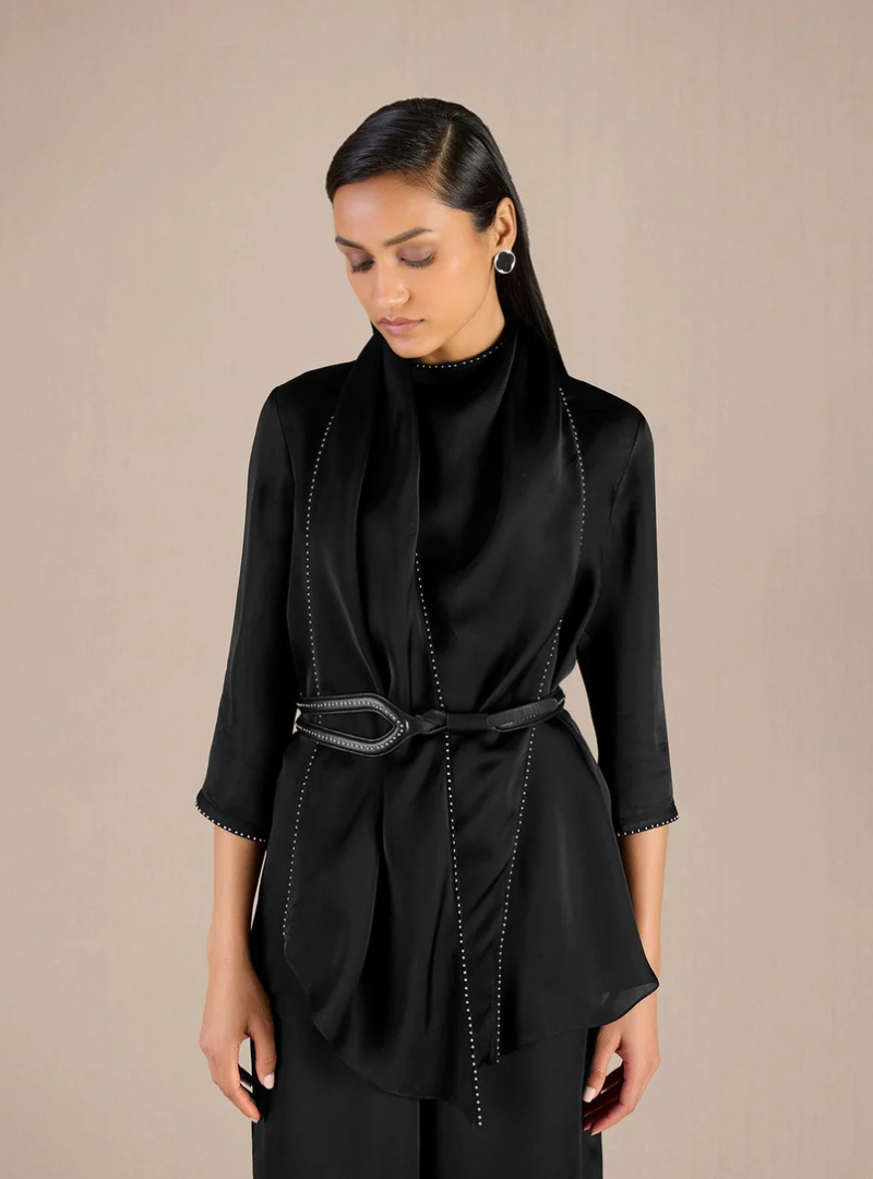 Sienna Black Satin Organza Dress Set