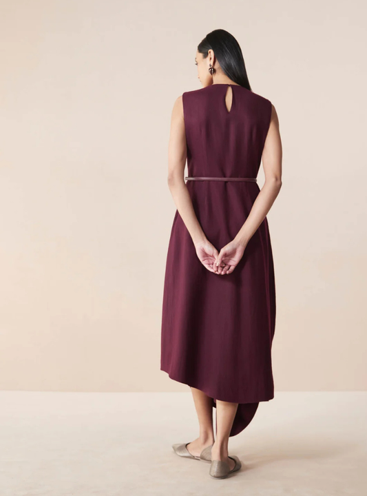 Soraya Cowl Draped Wool Dress in Burgundy