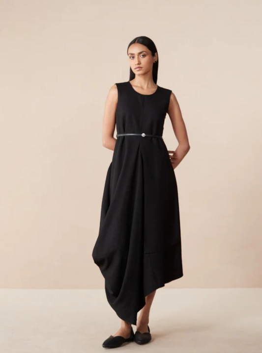 Velora Cowl Black Draped Wool Dress