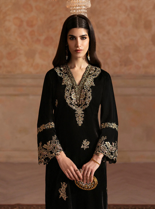 Zara Black Velvet Embroidered Ensemble Shirt & Trouser
